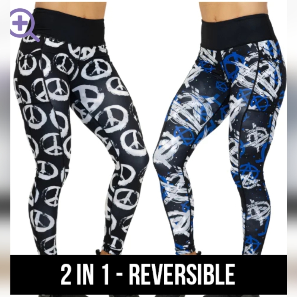Constantly Varied Gear Reversible Black and Blue Peace Leggings